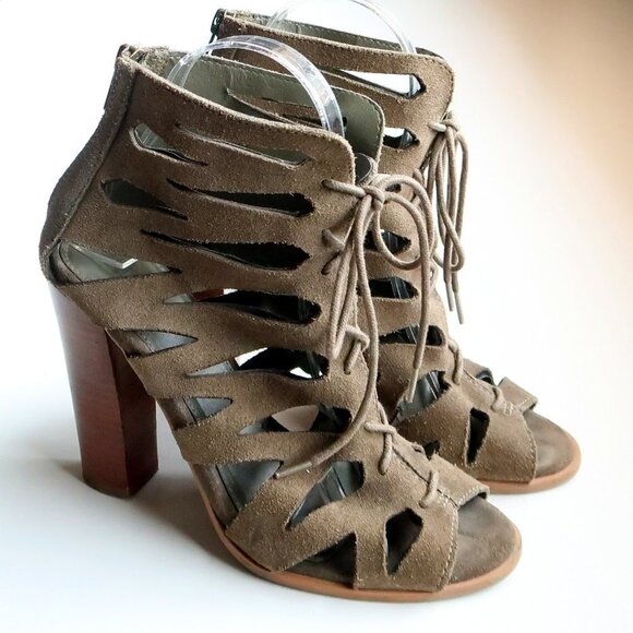 MIA Military Green Suede Leather Peep Toe Cutout Lace-up Heels Bootie Shoes 6 - Picture 16 of 16